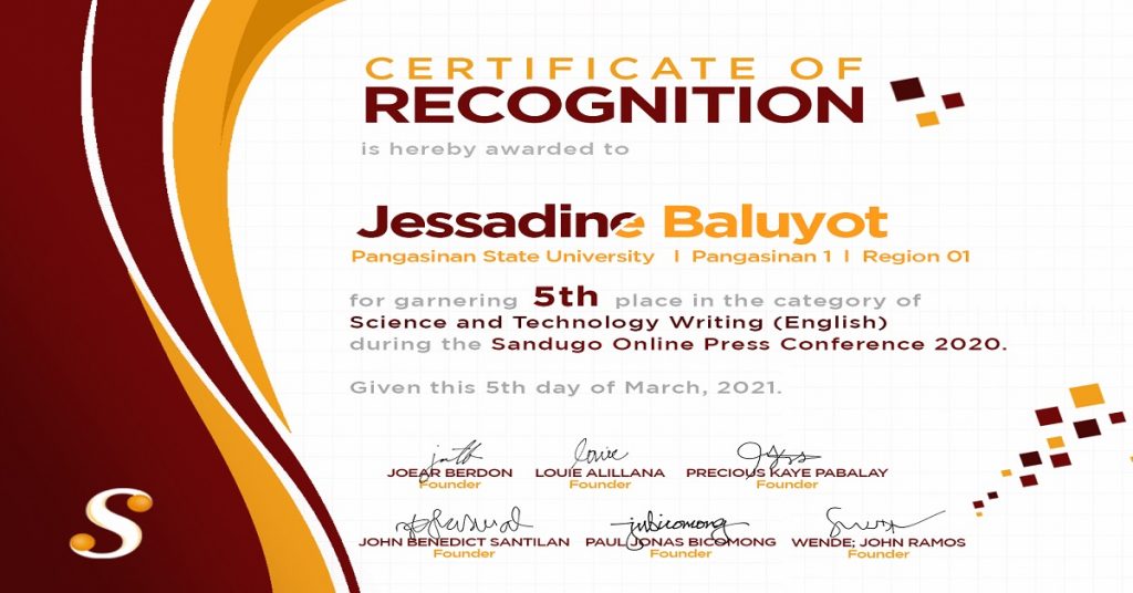 CE Student  of PSU Urdaneta Won 5th Place on Sandugo Online Press Conference 2020