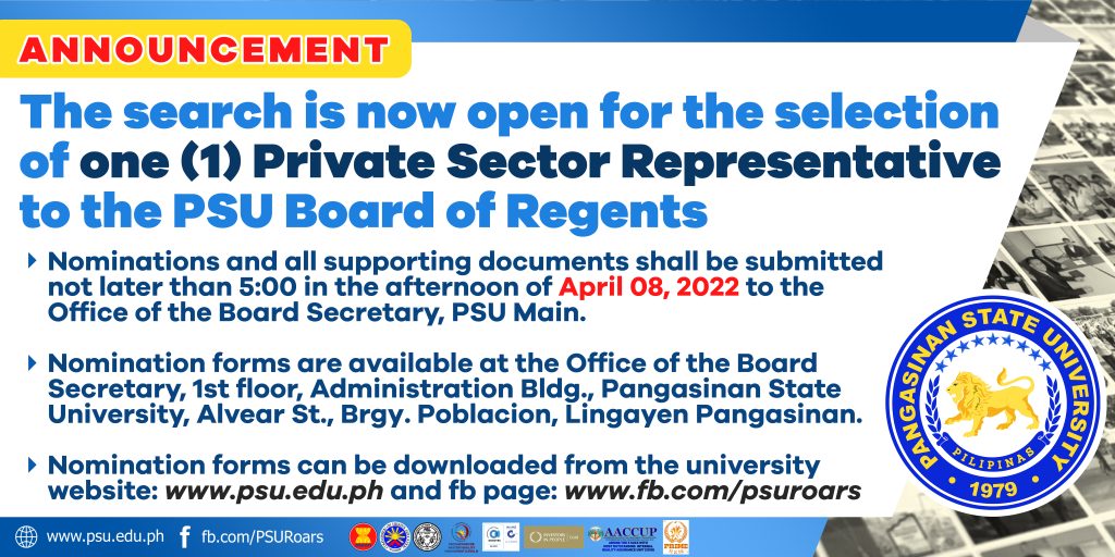 2nd call for the selection of one (1) Private Sector Representative to the PSU Board of Regents