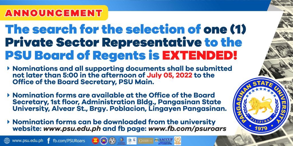 The search for the selection of one (1) Private Sector Representative to the PSU Board of Regents is EXTENDED